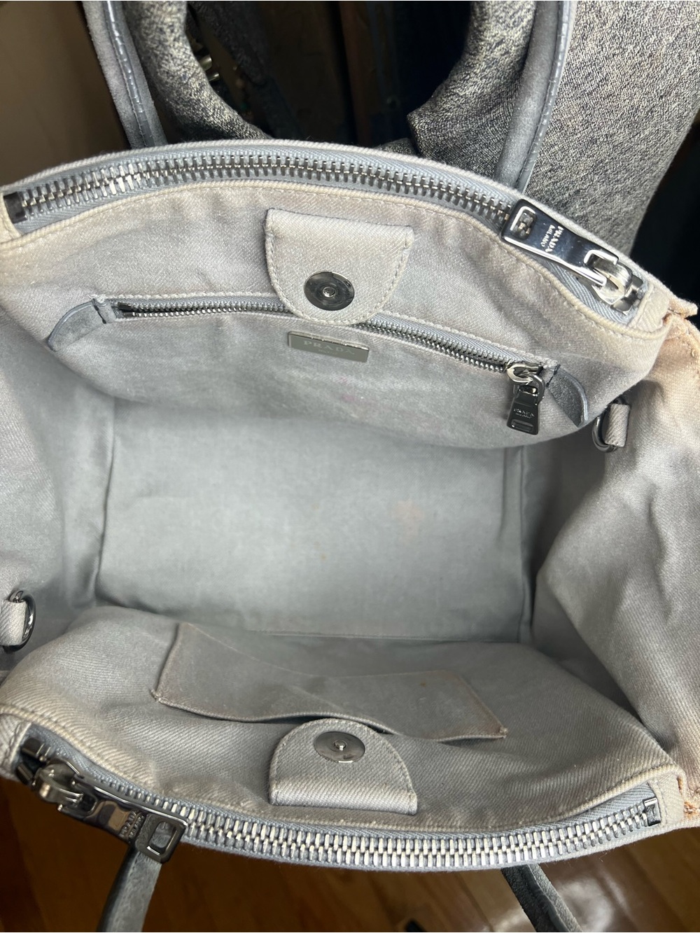 Prada Canapa Studded Crystal Denim Tote Bag Grey Nube B2692H - Picture 9 of 17